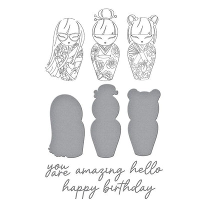 Kokeshi Dolls Press Plates &amp; Die Set / Juego De Placas De Prensa Y Suajes Muñecas Kokeshi Accesorios para Suajadoras Spellbinders