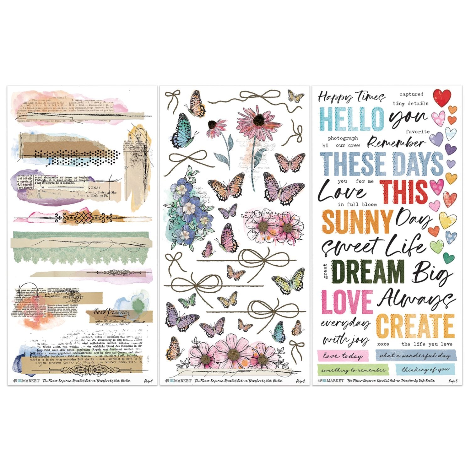 The Flower Emporium Essential Rub-on Transfers / Juego De Transferencias Esenciales Para Frotar Tintas 49 and Market