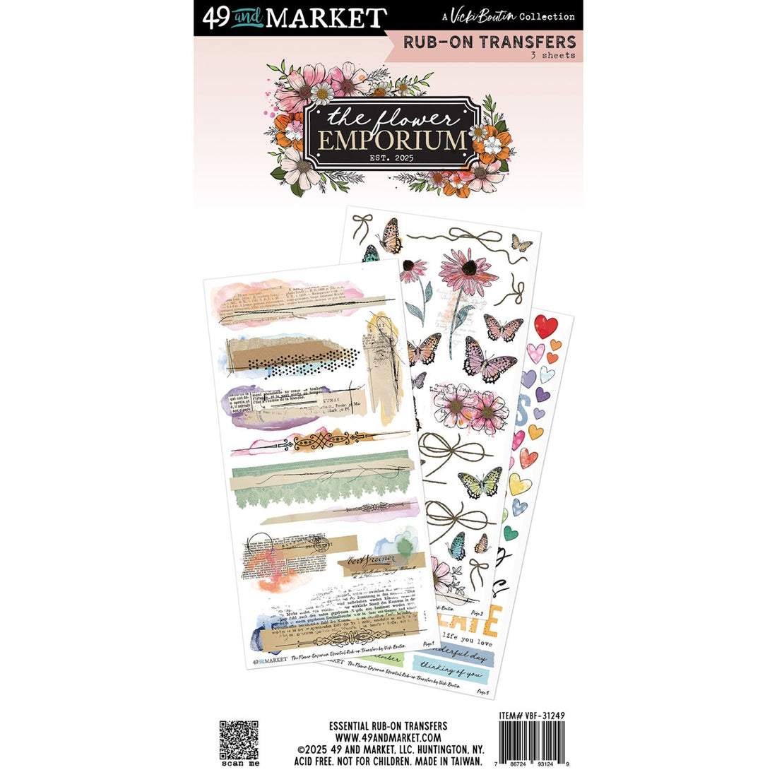 The Flower Emporium Essential Rub-on Transfers / Juego De Transferencias Esenciales Para Frotar Tintas 49 and Market