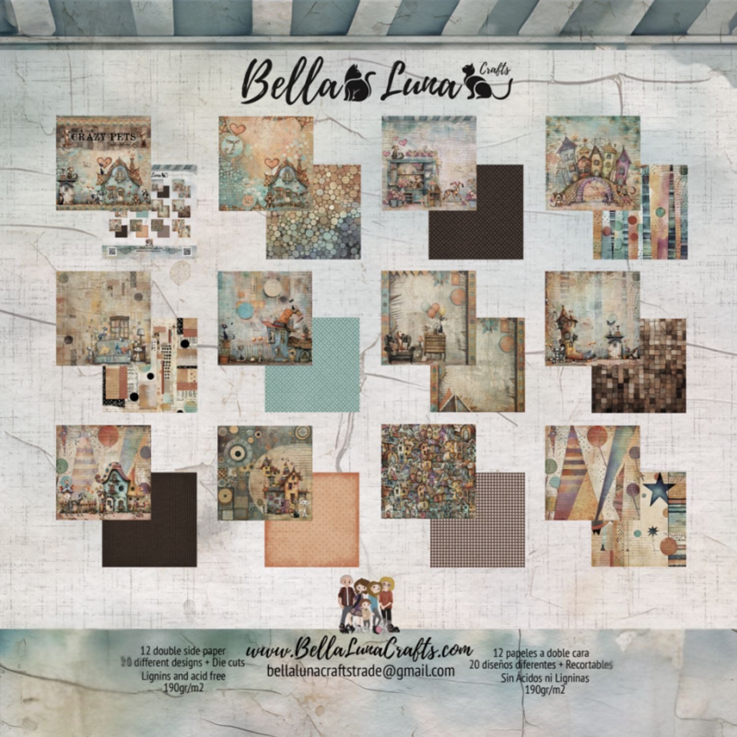 Paquete 12 Papeles Crazy Pets 8x8" Papel Bellaluna Crafts