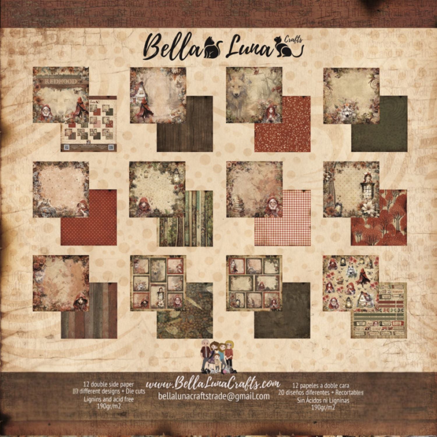 Paquete 12 Papeles Caperucita Roja 8x8" Papel Bellaluna Crafts