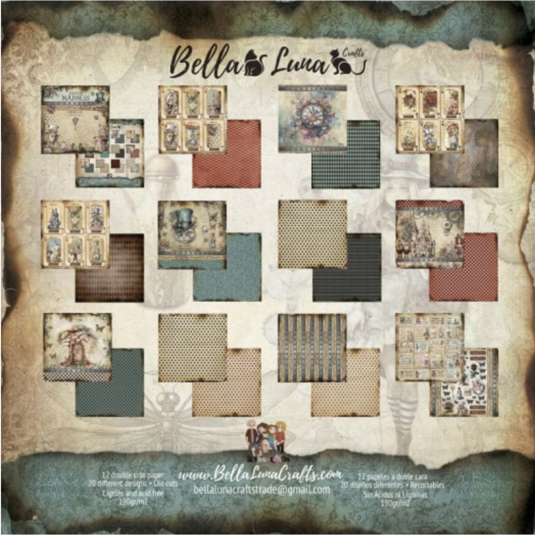 Paquete 12 Papeles Básicos Madness Recortables 8x8" Papel Bellaluna Crafts