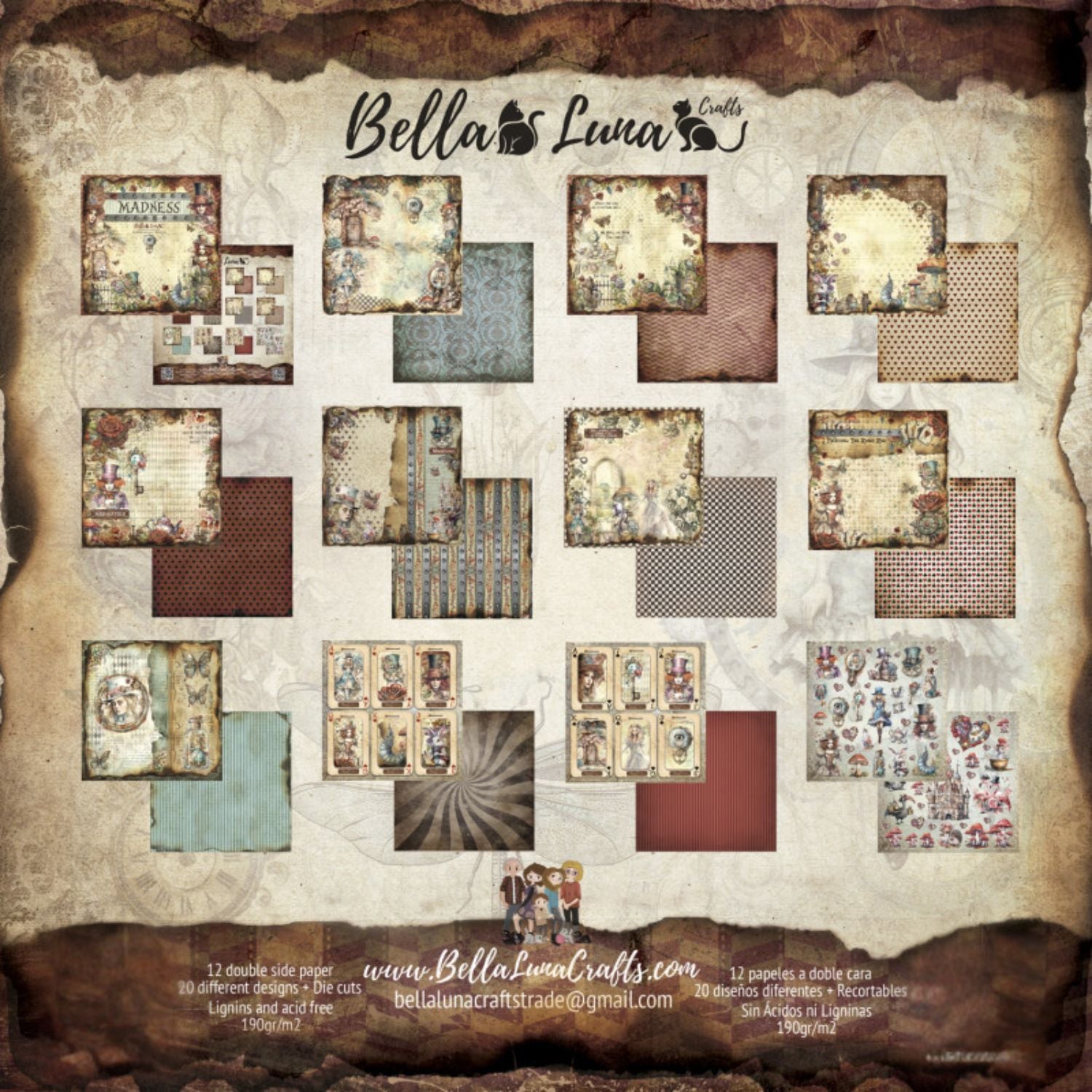 Paquete 12 Papeles Madness Recortables 8x8" Papel Bellaluna Crafts