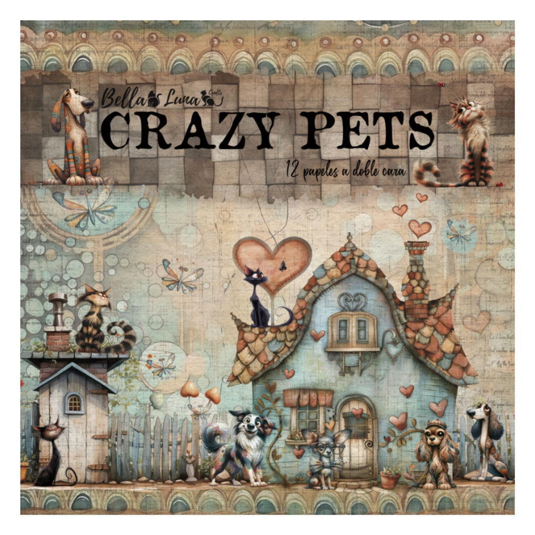 Paquete 12 Papeles Crazy Pets 8x8&quot; Papel Bellaluna Crafts