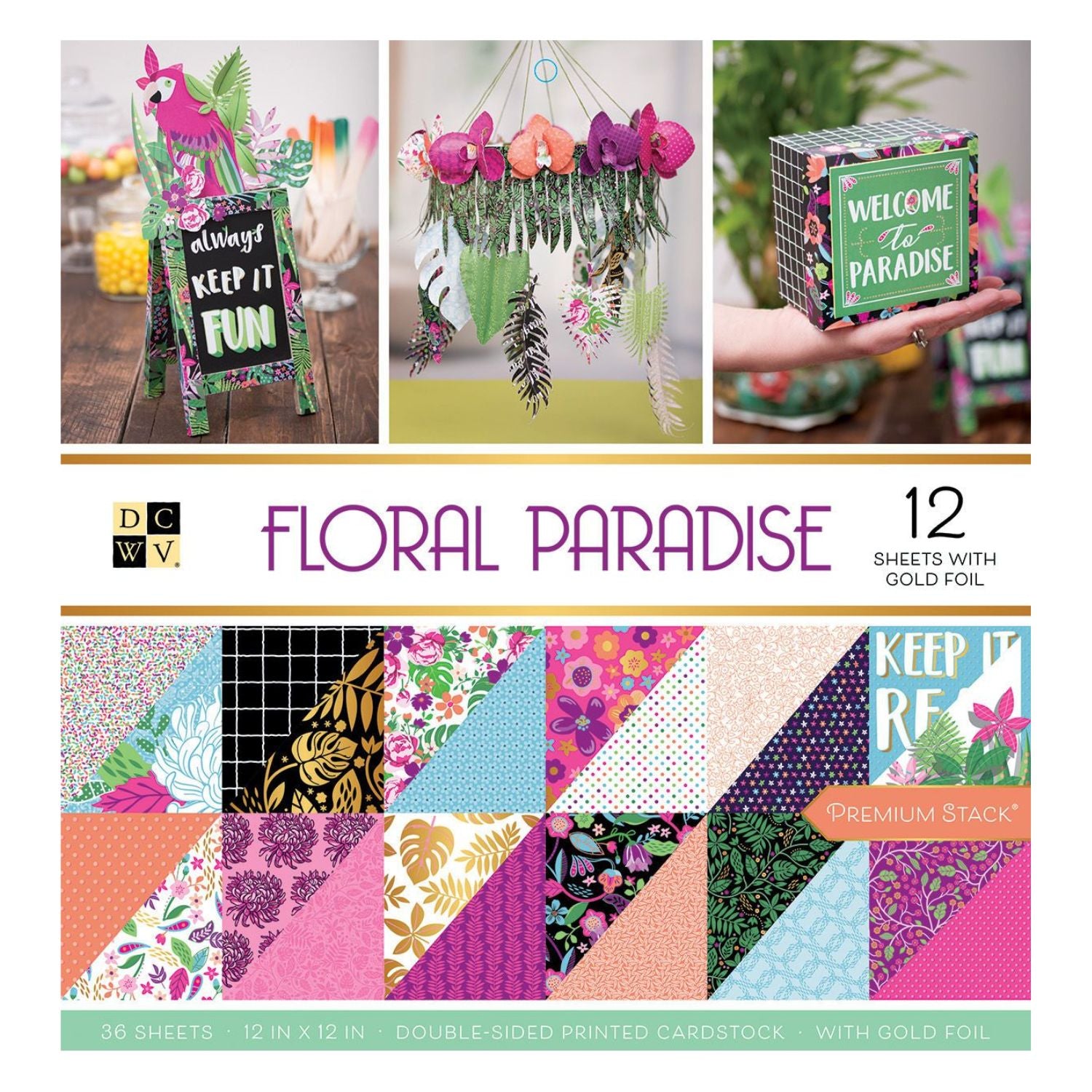Floral Paradise Cardstock Stack 12" / Paquete Cartulina Floral Con Foil Dorado Papel DCWV