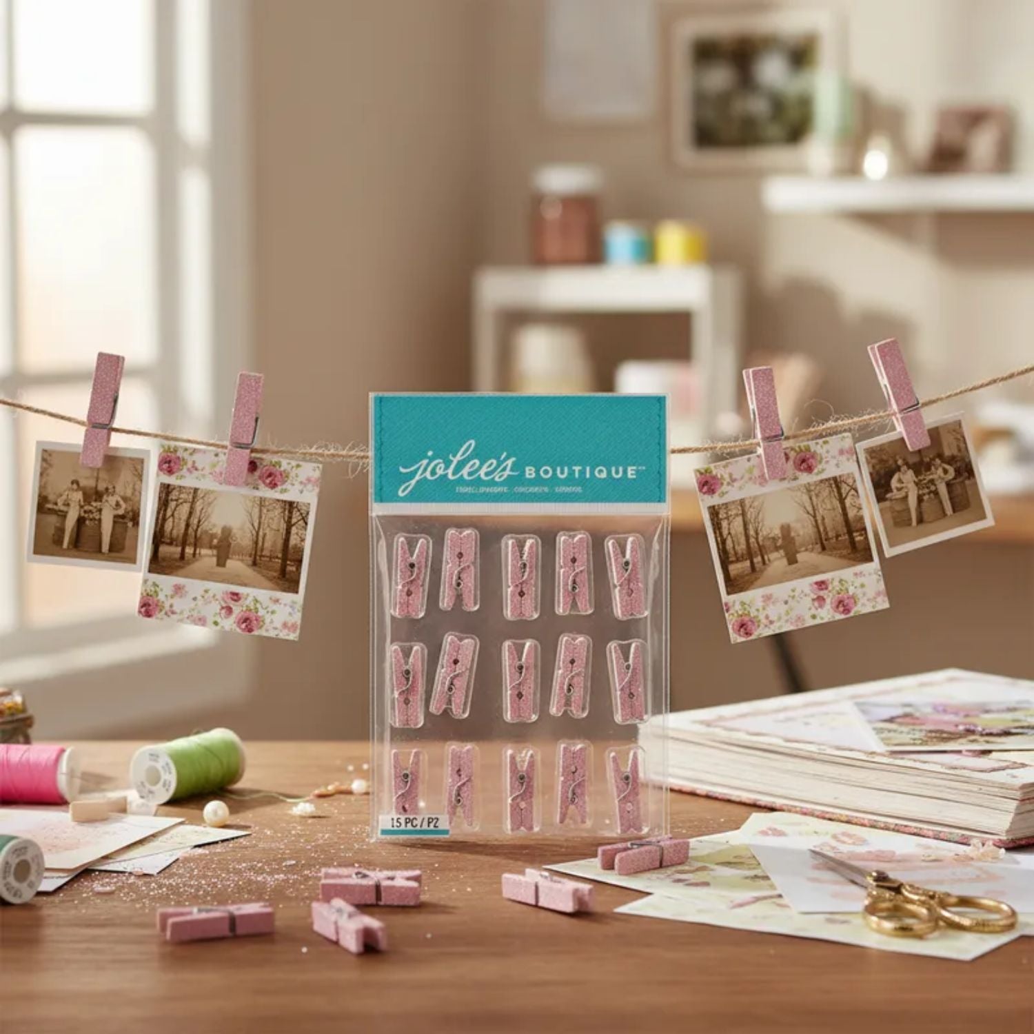 Pink Glitter Clothespins / 15 Mini Pinzas Rosas con Brillo Adornos / Embellishments Jolee&
