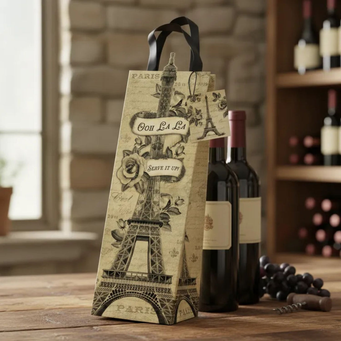 Paris Eiffel Tower Wine Bag / Bolsa de Regalo Para Botella de Vino con Etiqueta Bolsas Ek Success