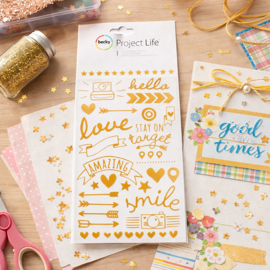Becky Higgins Gold Foil Rub-Ons / 1 Hoja de Figuras Transferibles Adornos / Embellishments Project Life
