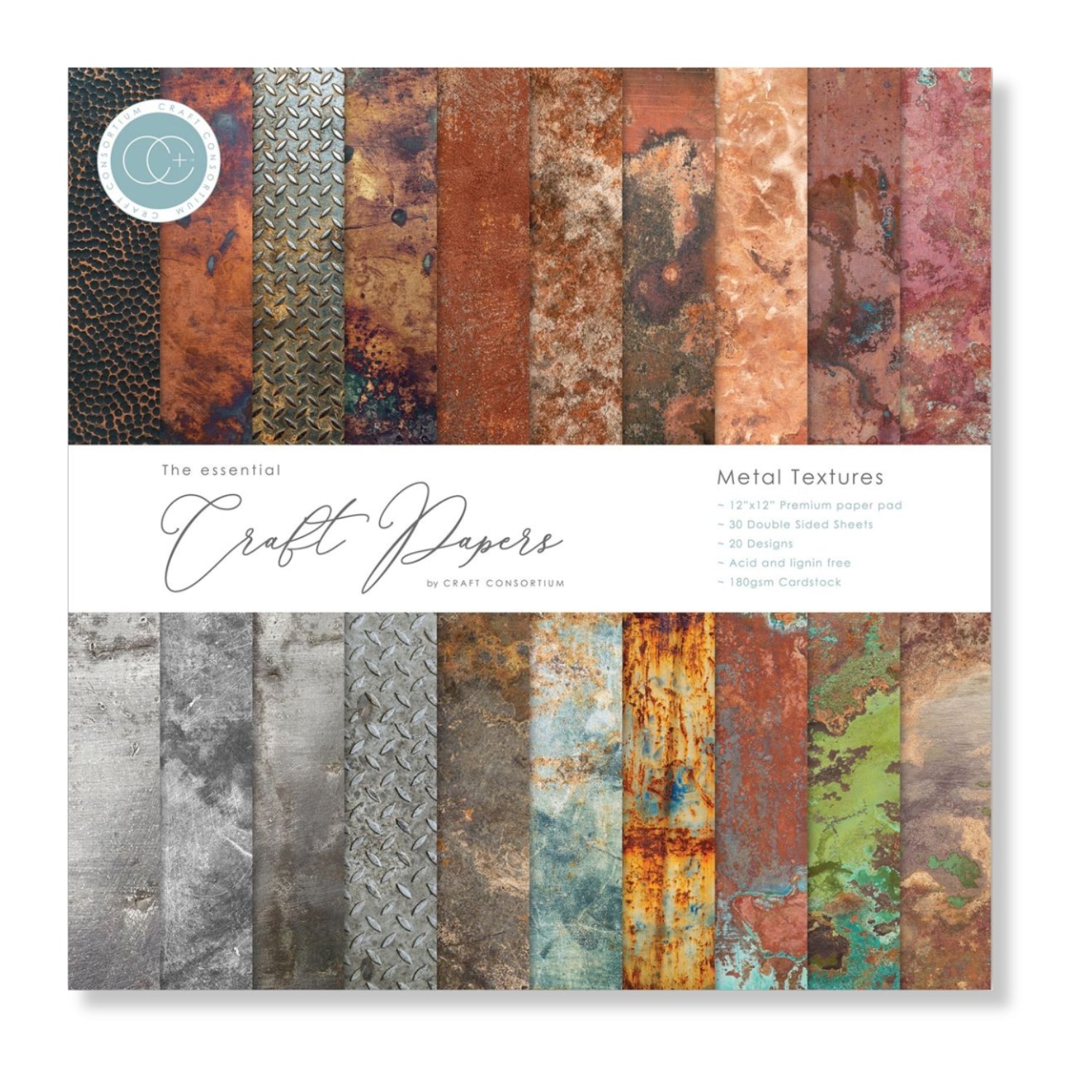 Metal Textures Paper Pack / Papel Doble Cara Textura de Metales Papel Craft Consortium