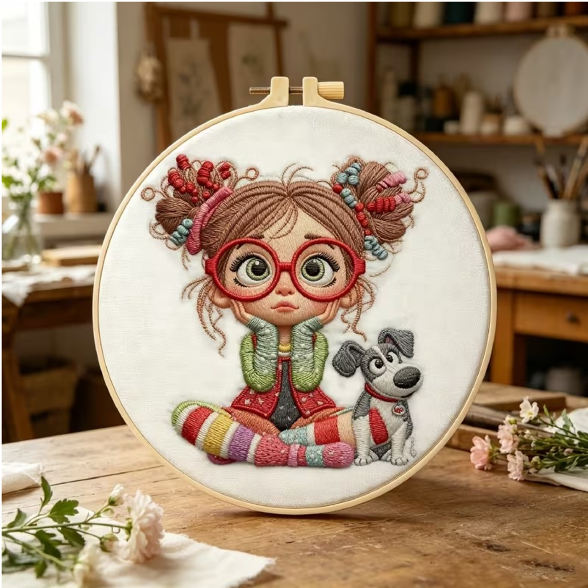 Kit Bordado Little Girl with Dog Embroidery Kit 20cm Costura Dowdell