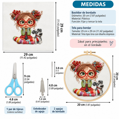 Kit Bordado Little Girl with Dog Embroidery Kit 20cm Costura Dowdell