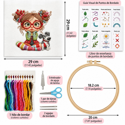 Kit Bordado Little Girl with Dog Embroidery Kit 20cm Costura Dowdell