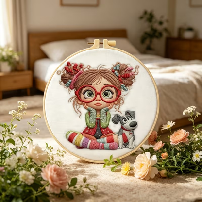Kit Bordado Little Girl with Dog Embroidery Kit 20cm Costura Dowdell