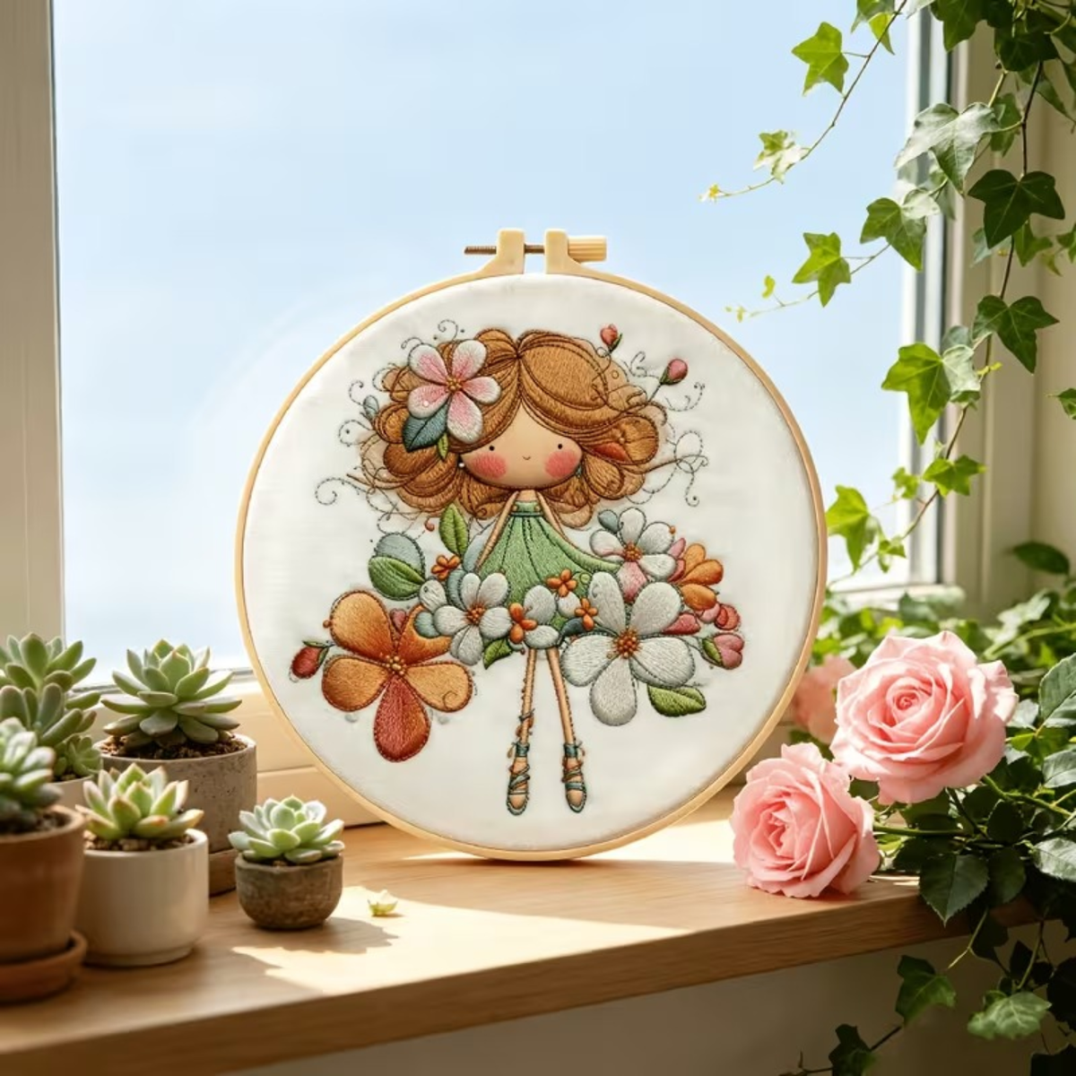 Kit Bordado Bouquet Little girl embroidery kit 20cm Costura Dowdell