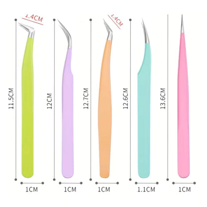 5 Pinzas de Precisión en Acero Inoxidable de Colores con Estuche
