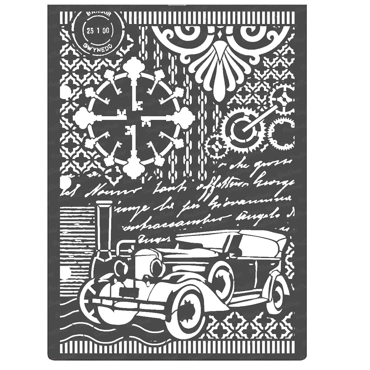 Stencil Vintage Carro Clásico con Reloj y Engranes Steampunk Esténciles / Plantillas Hobbees