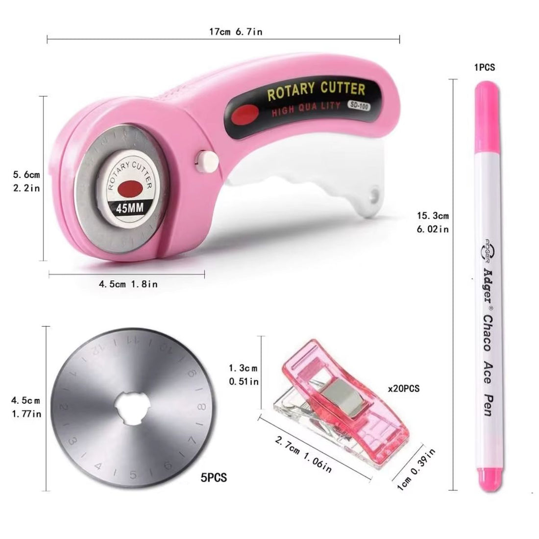 Cortador Giratorio para Telas Rosa con Repuestos, Pinzas y Marcador de Tela Tijeras / Cutters Hobbees