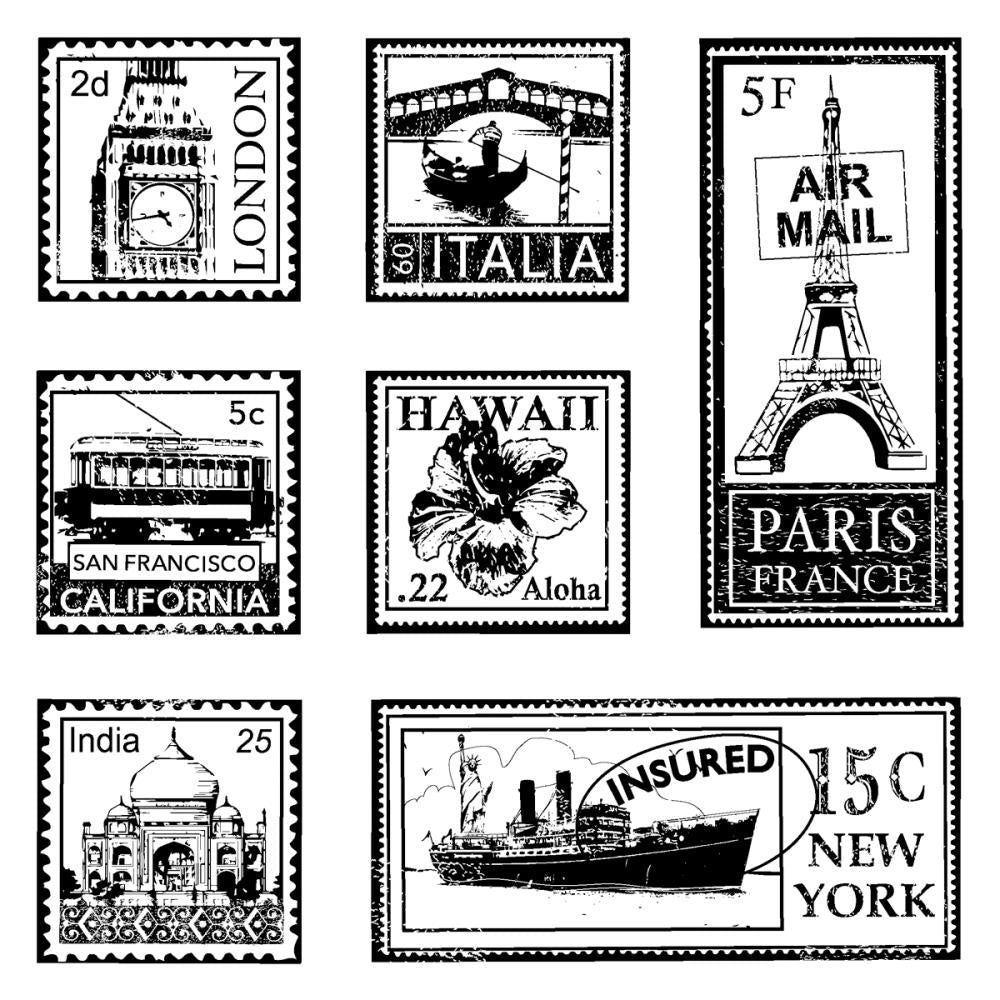 Inchies Travel Postage Stamps and Block / Sellos y Bloque Acrílicos Estampillas de Viaje Descontinuado Inkadinkado