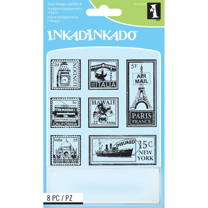 Inchies Travel Postage Stamps and Block / Sellos y Bloque Acrílicos Estampillas de Viaje Descontinuado Inkadinkado