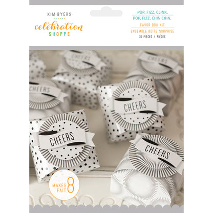 Favor Box Kit Pop, Fizz, Clink 32 pc / Set de Cajitas de Recuerdo para Fiestas Blanca y Negra Cajitas para Armar Darice