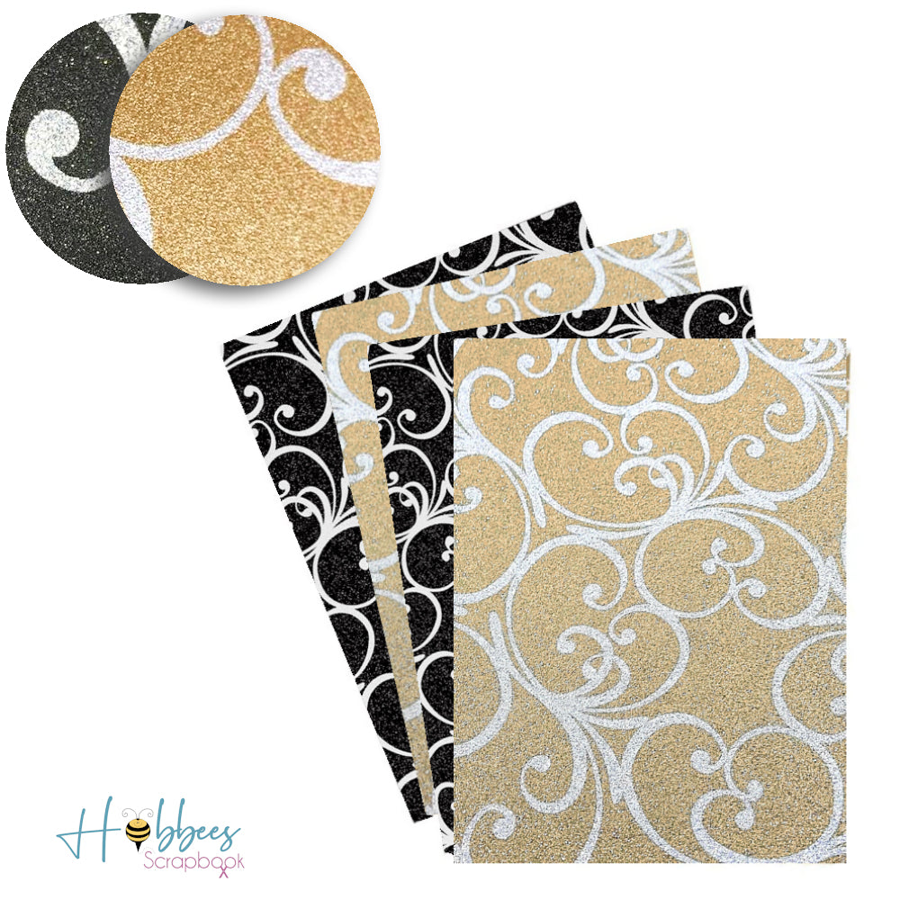 Pow Glitter Flourish Paper Pack / 4 Hojas de Papel Estampado Negro y Dorado