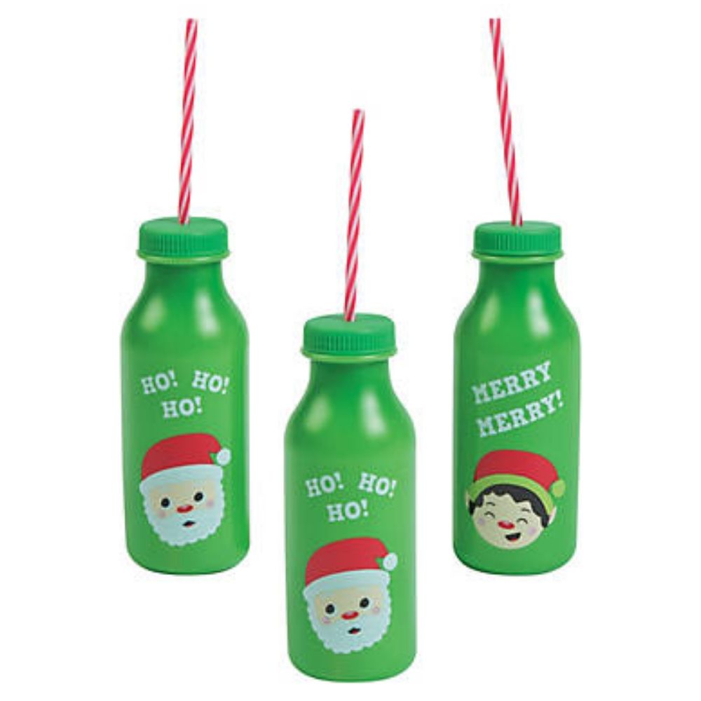 Christmas Bottles / 12 Vasos Navideños con Tapa y Popote Fiestas Novelty