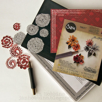 Tim Holtz Thinlits Die Tiny Tattered Florals / 15 Suajes de Flores y Herramienta para Filigrana Descontinuado Sizzix